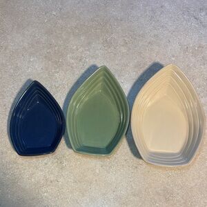 Nantucket vintage blue green tan Set of Three boat Shaped serving Ceramic Dishes